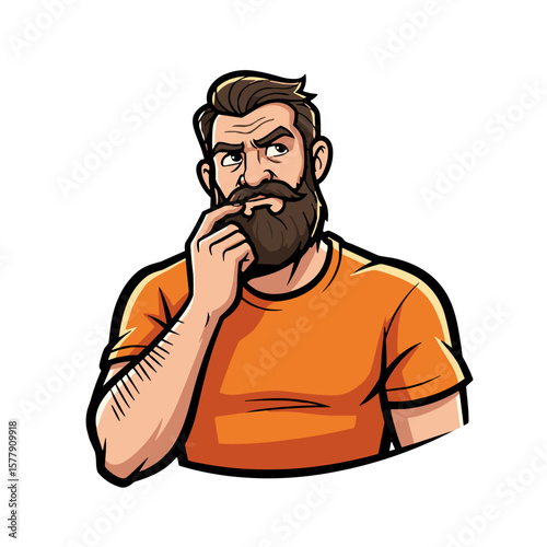 Man with a beard pondering thoughtfully while wearing an orange shirt for World Beard Day  