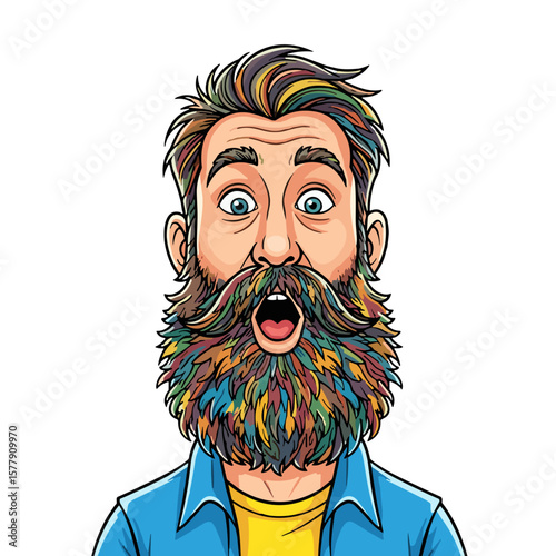 Colorful bearded man smiling with open mouth wearing blue shirt  