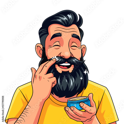 Smiling man applying beard grooming product while celebrating World Beard Day  