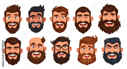 Various smiling male faces with different hairstyles and beards for World Beard Day  