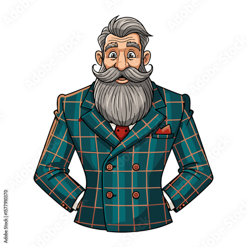 Elderly man with a bushy beard wearing a plaid suit illustration  