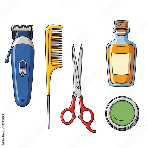 Barber tools including scissors, trimmer, comb, and grooming products  