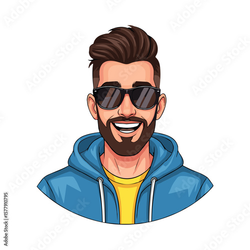 Young man with beard smiling in sunglasses and hoodie for World Beard Day  