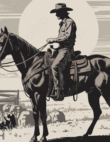 Vintage Western Cowboy on Horseback – Classic Rodeo Sketch with Lasso and Hat in Rustic Style	