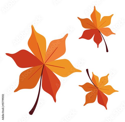 Three colorful autumn leaves with unique shapes, minimalist design, nature concept
