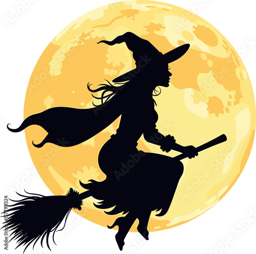 Silhouette of a witch flying on a broomstick against a full moon, Halloween concept
