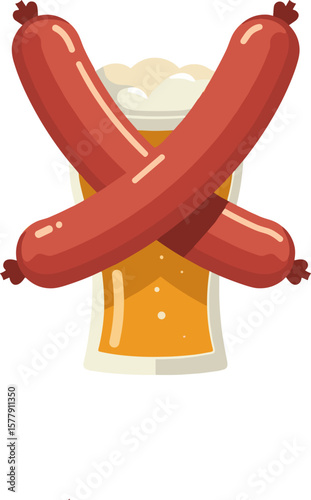 Stylized mug of beer crossed with two sausages, minimalist design, food and drink concept
