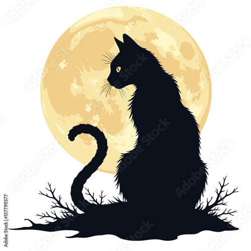 Silhouette of a fluffy black cat with yellow eyes sitting by a full moon, Halloween concept
