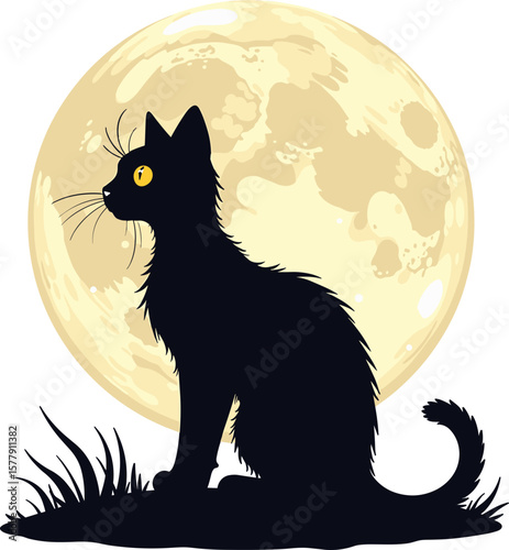 Silhouette of a black cat with yellow eyes sitting in front of a full moon, Halloween concept
