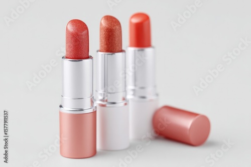 collection of used lipstick tubes emptied and waiting recycling on solid white base