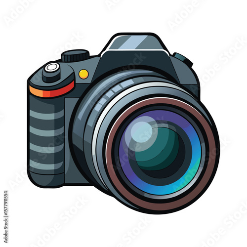 Old retro digital SLR camera with a black lens isolated on a white background for photography