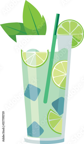 Refreshing Lime and Mint Cocktail in Tall Glass with Ice Cubes and Straw
