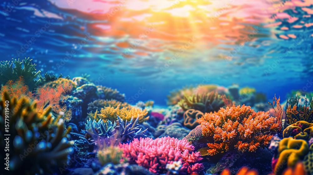 Naklejka premium Underwater scene showcasing a vibrant coral reef with sunlight filtering through the ocean surface above