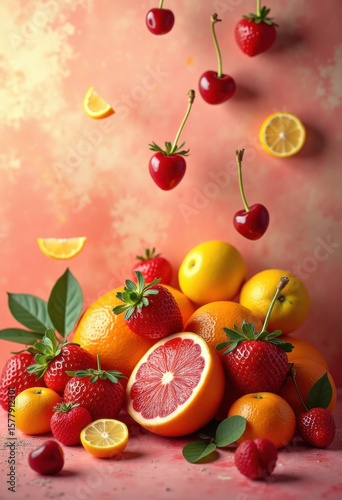 vibrant colorful fruit display floating above textured background artistic composition, apple, banana, grape, berry, pineapple, kiwi, peach, plum, cherry