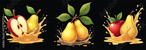 Vector design set. Yellow pear, red apple, fruit juice splashes, drops isolated on black background. Fashionable print for paper, ice cream, yogurt, candy,
lemonade label, sweet water, food packaging.