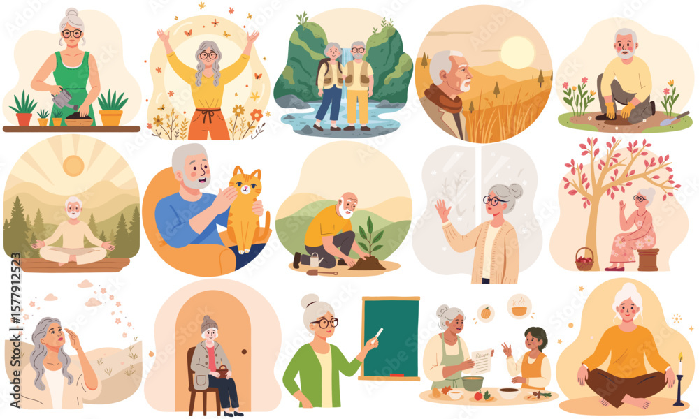 Fototapeta premium Senior Lifestyle in 15 Illustrations – Nature, Home, Connection. Elderly Activities and Emotions – Seniors in Daily Life Scenes. Life Moments of Elderly People. Elderly set