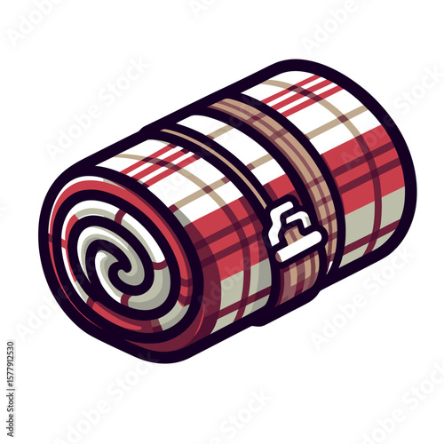  Rolled plaid blanket with strap in colorful flat illustration