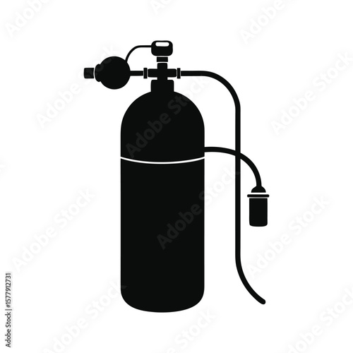 Silhouette of a scuba diving oxygen tank with valve and regulator on white background