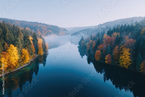 drone shot of tranquil lake surrounded by trees in full autumn color mist floating over surface