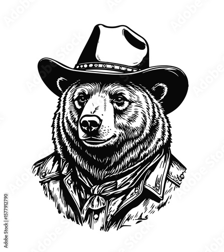 Bear Wearing Cowboy Hat . Detailed Black and White Outline Line Art Drawing . Vector Illustration