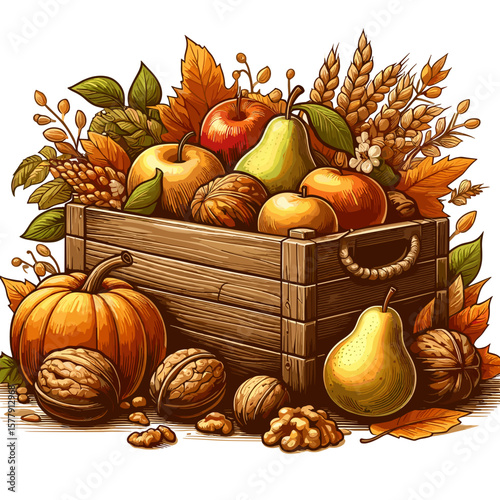  Wooden crate with autumn fruits and nuts in colorful illustration