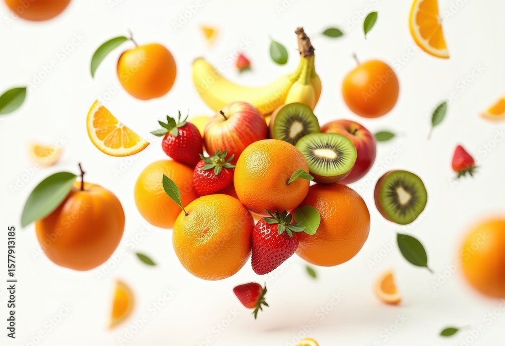 Obraz premium vibrant fruit assortment floating over white background colorful arrangement fresh produce healthy eating, apple, grape, banana, peach, cherry, plum, pear