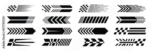 Racing car stripes set with angled checkered patterns, dynamic speed lines, and motorsport decals for vehicle tuning and race design.

