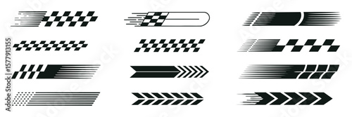 Racing car stripes set with angled checkered patterns, dynamic speed lines, and motorsport decals for vehicle tuning and race design.
