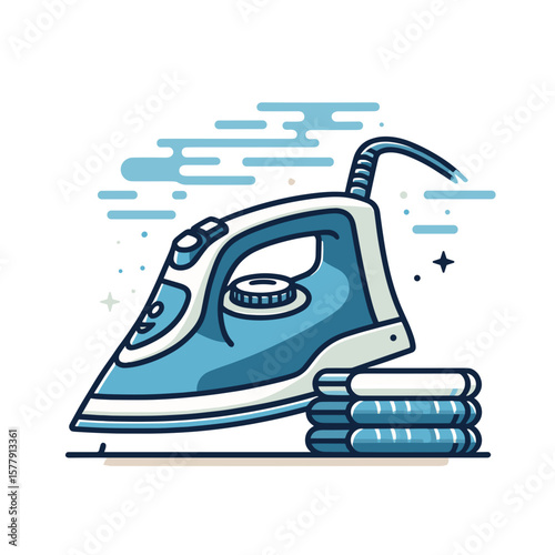  Electric steam iron with folded clothes in colorful flat illustration