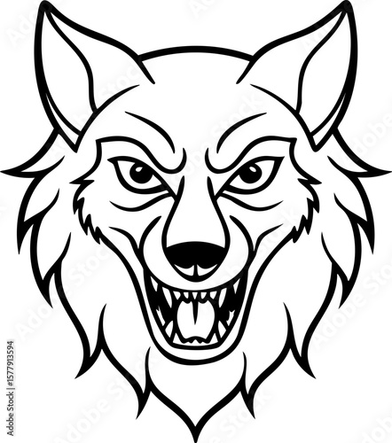 Wolf head fierce angry face with sharp teeth and pointed ears in line art style
