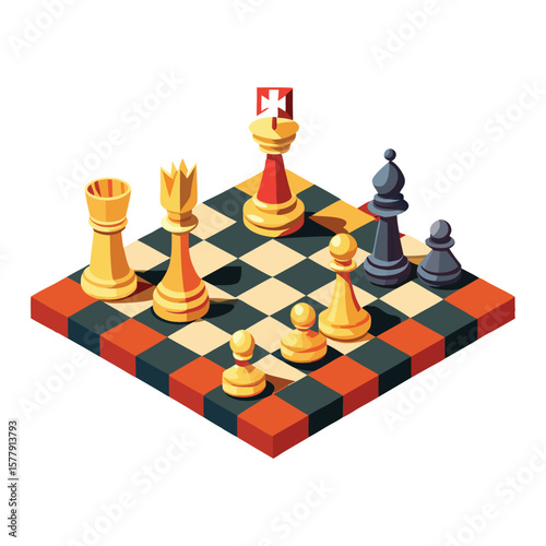 A chess board with black and white pieces, including a king, queen, and pawn, ready for a strategic game or business competition