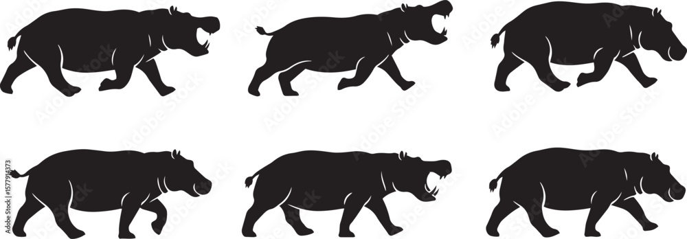 Fototapeta premium Webrunning hippo silhouette vector, black and white hippo in motion, minimalistic hippo running illustration, hippopotamus sprint side view silhouette, wild hippo in action vector, cartoon hippo