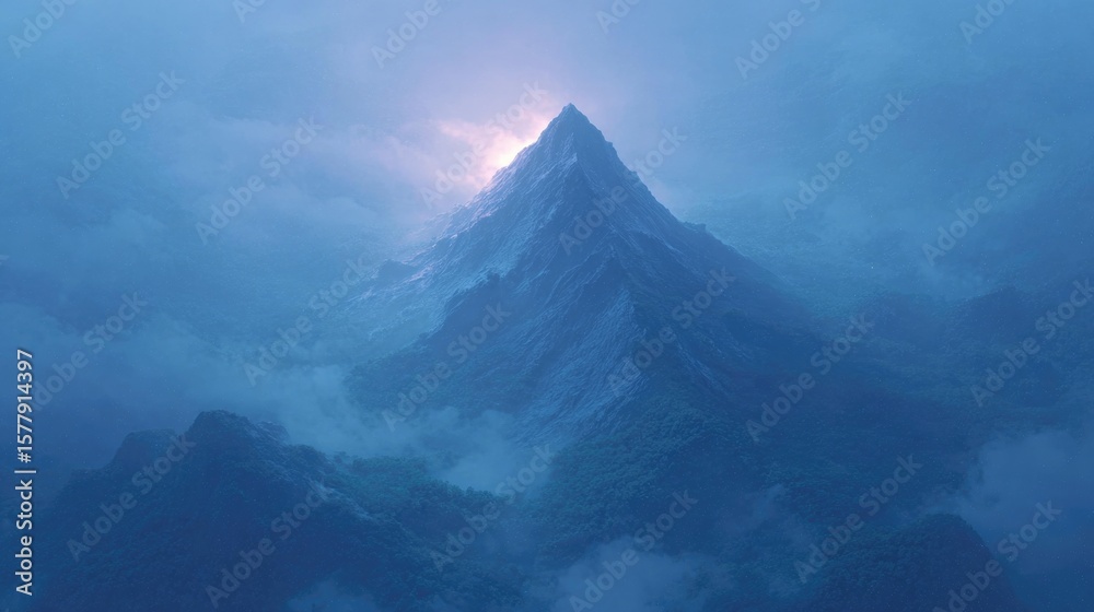 Fototapeta premium drone-top-down of lightning hitting pyramid-shaped mountain peak at twilight