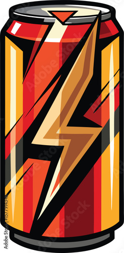 Steaming Hot Coffee Beverages Energetic Lightning Bolt Design on a Red and Yellow Energy Drink Can Illustration
