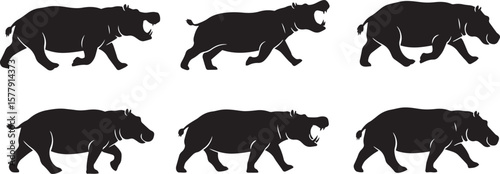 Webrunning hippo silhouette vector, black and white hippo in motion, minimalistic hippo running illustration, hippopotamus sprint side view silhouette, wild hippo in action vector, cartoon hippo 