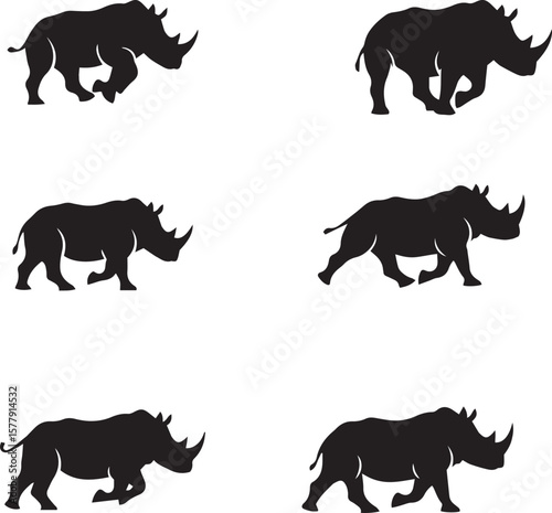 running rhino silhouette vector, black and white rhinoceros in motion, minimalistic rhino running illustration, rhinoceros sprint side view, charging rhino silhouette design, wild rhino in action 
