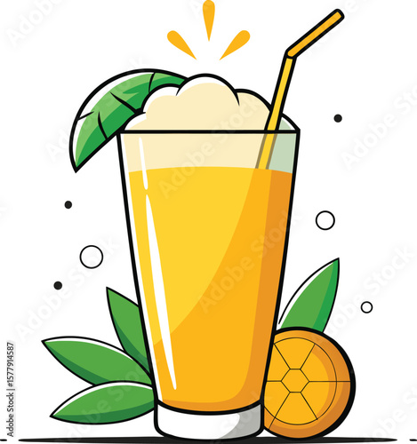 Health Focused Cold Pressed Juices Refreshing Mango Juice in Tall Glass with Straw and Tropical Leaves Illustration