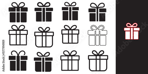 Collection of gift box icons in silhouette and outline styles isolated on white background