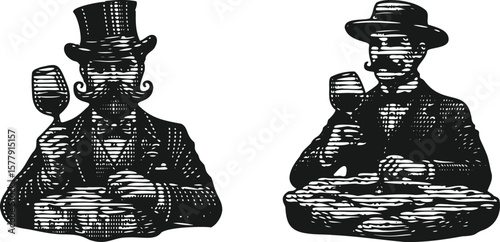  Monochrome Lined Engraving Bundle of a Gentleman with Mustache Holding a Wine Glass Standing on a Stone – Vintage Style Illustration Template for Canvas, Stamp, Poster, and Banner Use