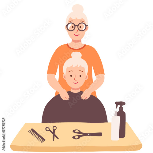 Elderly hairdresser with scissors. Senior stylist at work. Mature woman cutting hair. Experienced barber in action. Elderly set