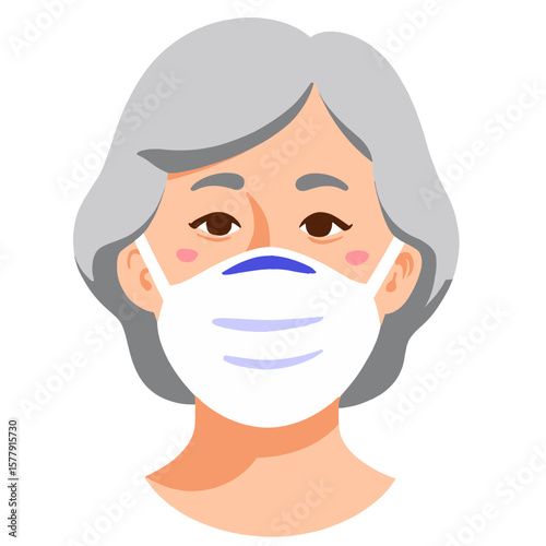 Elderly in medical mask. Senior person wearing face covering. Mature adult in protective gear. Old person staying safe indoors. Elderly set