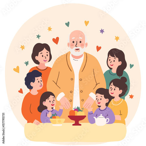 Family gathering around elder. Multigenerational family visit. Senior surrounded by loved ones. Family bonding with elderly parent. Elderly set