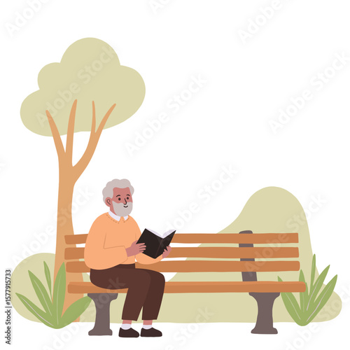Elderly man on park bench. Senior relaxing outdoors. Retired man enjoying nature. Peaceful moment in urban park. Elderly set