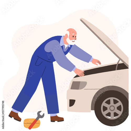 Elderly mechanic fixing car. Senior man working with tools. Old technician repairing vehicle. Experienced mechanic in garage. Elderly set