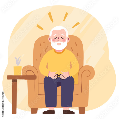 Elderly man resting eyes. Senior taking quiet moment. Mature adult napping indoors. Tired elderly man relaxing. Elderly set