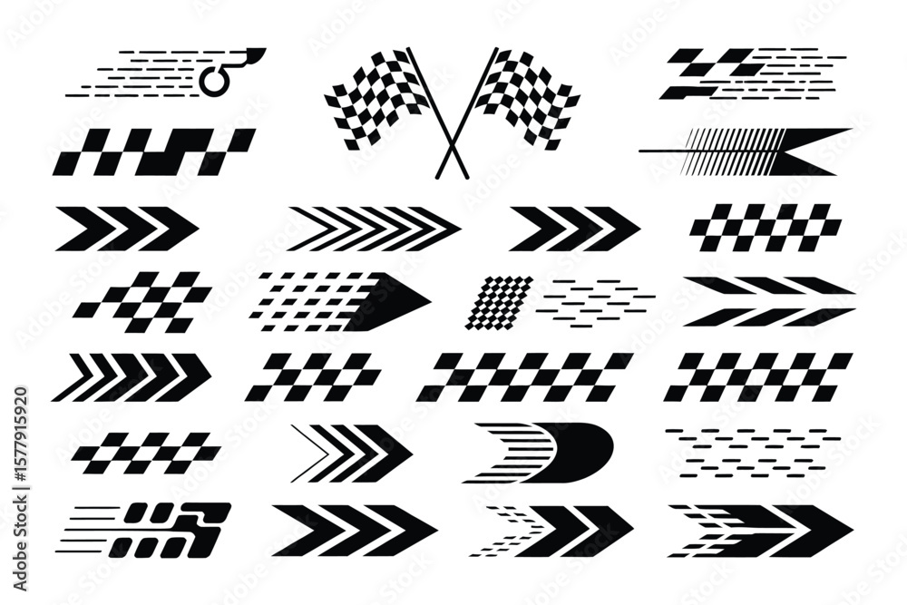 Racing stripes and finish line icon set with checkered flags Racing stripes and finish line icon set with checkered flags