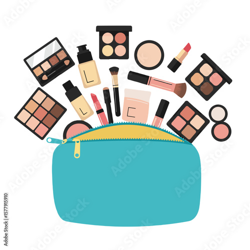 A teal makeup bag overflowing with various cosmetics and beauty products on a white background view
