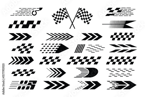 Racing stripes and finish line icon set with checkered flags