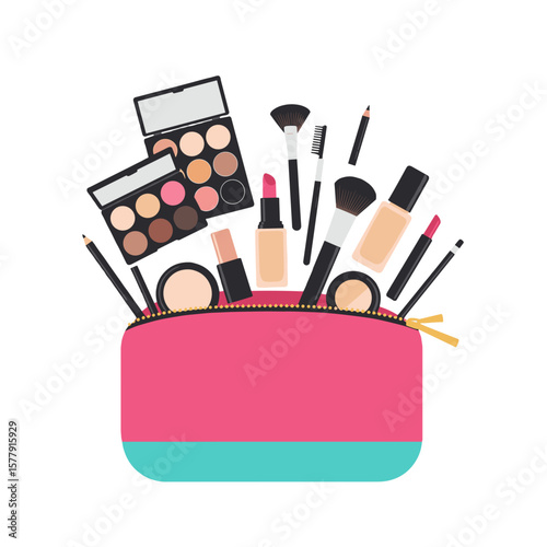 An illustration of a pink and blue makeup bag filled with various makeup products and applicators inside