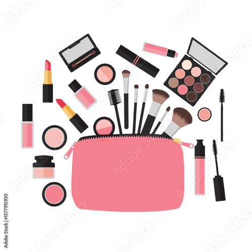 A pink makeup bag surrounded by various cosmetics and brushes on a white background in a flat style